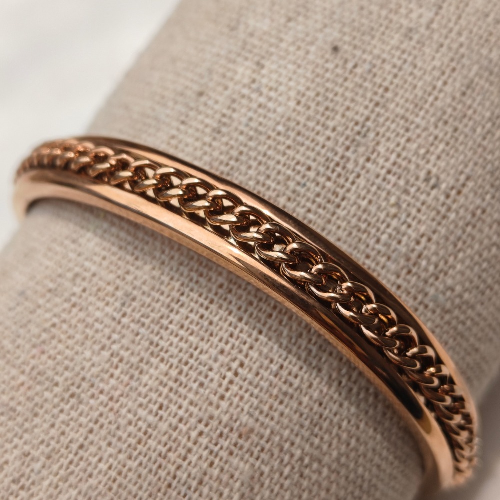 Rose Gold Tone Inset Curb Chain Cuff Bracelet Link Open Cuff Polished Finish